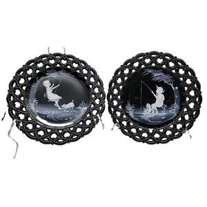 Westmoreland Black Glass Plates Set of 2- Boy Fishing Girl Swinging Mary Gregory